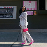 Sexy Transparent Lace Turndown Collar Long Pants Two Pieces Sets YF-10735