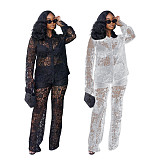 Sexy Transparent Lace Turndown Collar Long Pants Two Pieces Sets YF-10735