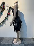 Black Hot Drilling Feather Women Sleeveless Package Hips Dresses NY-3191