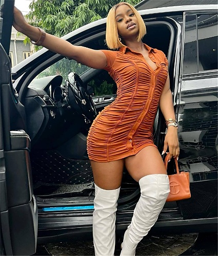 Short Sleeve Single-breasted Ruched Bodycon Dresses HMS-5553