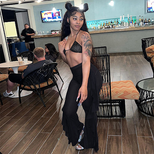 Bikini Cover Up Mesh Ruffle Pants 3 Piece Swimsuit SH-390349