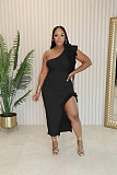 Ladies Solid Color Oblique Shoulder Ruffless Split Maxi Dresses NTY-7392