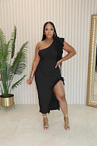Ladies Solid Color Oblique Shoulder Ruffless Split Maxi Dresses NTY-7392