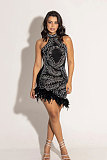 Black Hot Drilling Feather Women Sleeveless Package Hips Dresses NY-3191