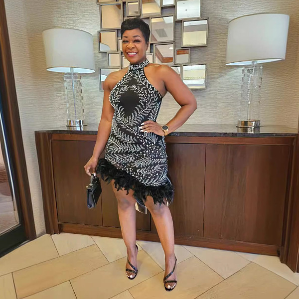 Black Hot Drilling Feather Women Sleeveless Package Hips Dresses NY-3191