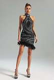 Black Hot Drilling Feather Women Sleeveless Package Hips Dresses NY-3191