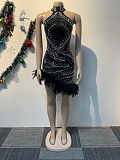 Black Hot Drilling Feather Women Sleeveless Package Hips Dresses NY-3191