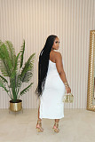 Ladies Solid Color Oblique Shoulder Ruffless Split Maxi Dresses NTY-7392