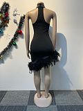 Black Hot Drilling Feather Women Sleeveless Package Hips Dresses NY-3191
