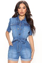 Short Sleeve Turn Down Collar Denim Rompers LX-3529