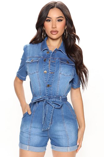 Short Sleeve Turn Down Collar Denim Rompers LX-3529