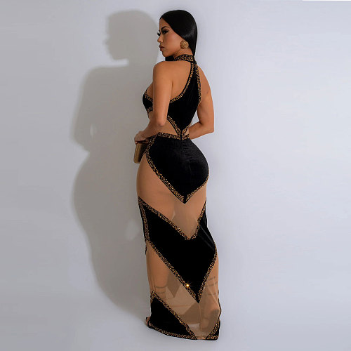 2024 Sexy Halter Off Shoulder Mesh Patchwork Slim Long Dress Nightclub NY-7351