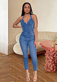 V-Neck Halter Backless Skinny Denim Jumpsuit LX-6944