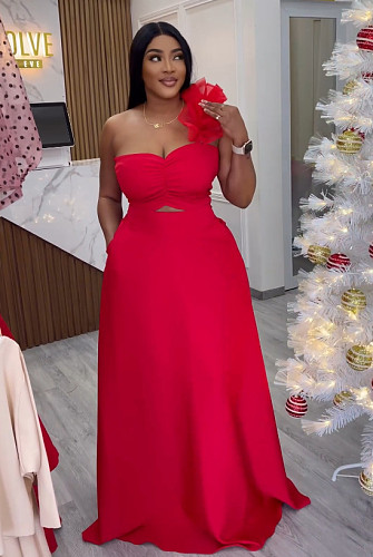 Red Sexy Strapless Single Shoulder Hem Maxi Dresses NY-10679