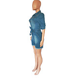 Short Sleeve Turn Down Collar Denim Rompers LX-3529