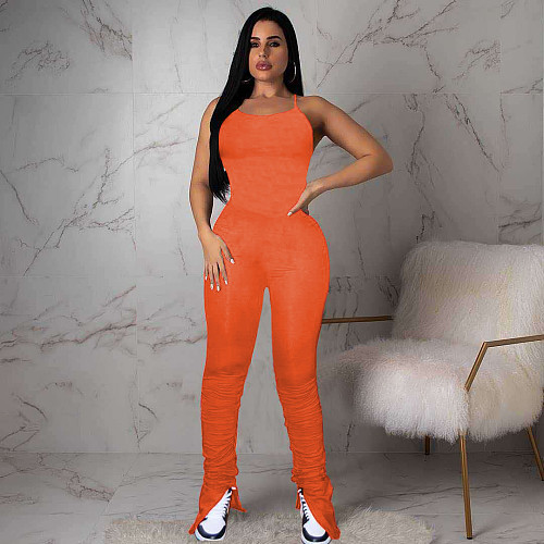 Spaghetti Strap Backless Bodycon Stacked Jumpsuit NM-8814