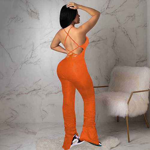 Spaghetti Strap Backless Bodycon Stacked Jumpsuit NM-8814