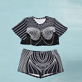 Mesh Patchwork Print Chain Decor 2 Piece Shorts Set NY-2730