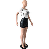 Short Sleeve T-shirt Top PU Leather Shorts 2 Piece Set YNS-1817
