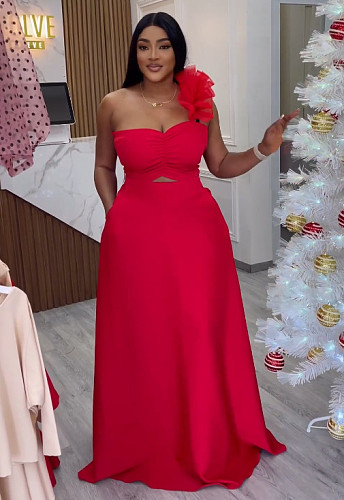 Red Sexy Strapless Single Shoulder Hem Maxi Dresses NY-10679