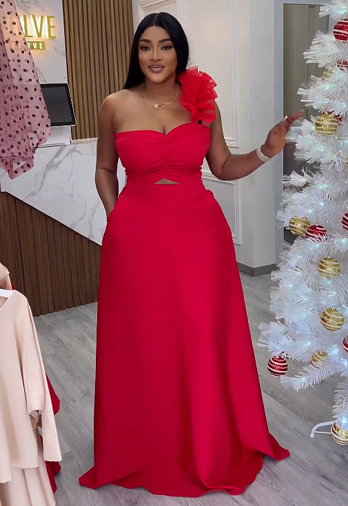 Red Sexy Strapless Single Shoulder Hem Maxi Dresses NY-10679