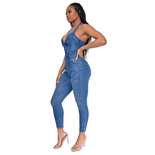 V-Neck Halter Backless Skinny Denim Jumpsuit LX-6944