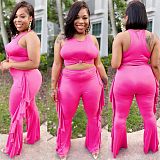Solid Color Tank Tops Tassel Pants Two Piece Set XMY-9436