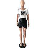 Short Sleeve T-shirt Top PU Leather Shorts 2 Piece Set YNS-1817