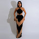 2024 Sexy Halter Off Shoulder Mesh Patchwork Slim Long Dress Nightclub NY-7351