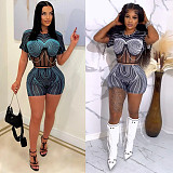 Mesh Patchwork Print Chain Decor 2 Piece Shorts Set NY-2730