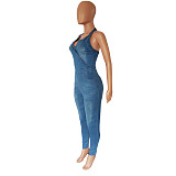 V-Neck Halter Backless Skinny Denim Jumpsuit LX-6944