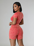 Casual Girls Round Collar Solid Color High-waist Shorts Two Pieces Sets CH-24025
