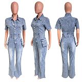 2024 NEW Women Denim Lapel Short Sleeves Buttons Tight Flared Jumpsuit LX-3567