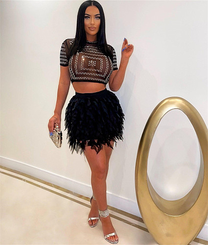 Sexy See-through Hot Drill Crop Top Nightclub Skirt Sets NY-2562