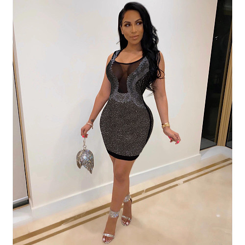 Sexy Round Neck Sleeveless Hot Drilling Short Club Dress NY-8885