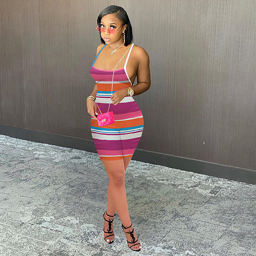 Summer Sexy Striped Print Women Sleeveless Spaghetti Strap Backless Rompers GLS-7027