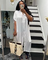 Fashion Solid Color Cotton Korean Clothing Half Sleeve O Neck Oversized Long Shirt Dress ORY-5195