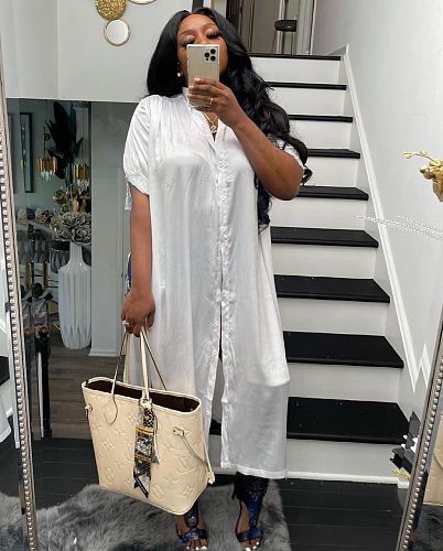 Fashion Solid Color Cotton Korean Clothing Half Sleeve O Neck Oversized Long Shirt Dress ORY-5195