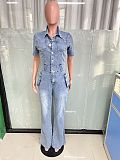 2024 NEW Women Denim Lapel Short Sleeves Buttons Tight Flared Jumpsuit LX-3567