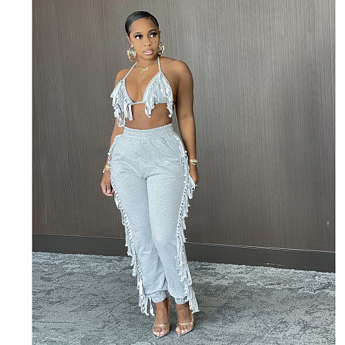 Sexy Bodycon Streetwear Tassel Crop Top Bra Elastic Waist Long Pants Women Two Pieces Set CN-0134