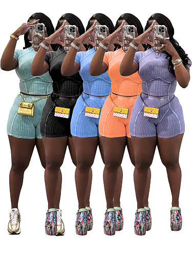Leisure Women Solid Color Short Sleeves Tops And Shorts Sporty Suits CH-24020