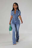 2024 NEW Women Denim Lapel Short Sleeves Buttons Tight Flared Jumpsuit LX-3567