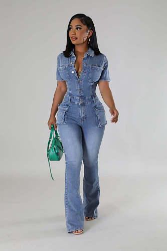 2024 NEW Women Denim Lapel Short Sleeves Buttons Tight Flared Jumpsuit LX-3567