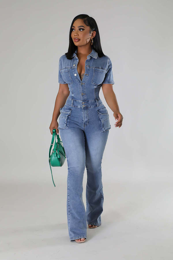 2024 NEW Women Denim Lapel Short Sleeves Buttons Tight Flared Jumpsuit LX-3567