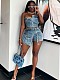 Fashion Women Strapless Buttons Crop Top With Shorts Denim Sets 2 Pieces CH-88010