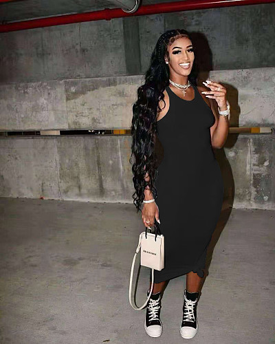 Casual Sleeveless Solid Color Mid Waist Bodycon Sheath Basic Vest Long Dress NIYA-8062