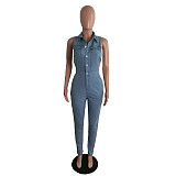 Plus Size Solid Sleeveless Side Hollow Out Button Up Summer Denim Women Jumpsuits LX-6087