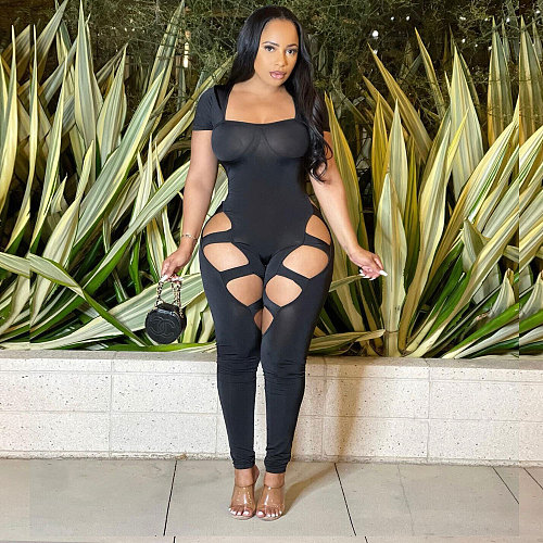 Black Short Sleeve Hollow Out Club Jumpsuits NY-2517