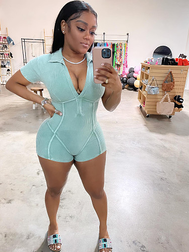 Leisure Women Solid Color Turndown Collar Short Sleeves Romper CH-24026