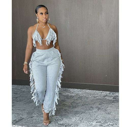 Sexy Bodycon Streetwear Tassel Crop Top Bra Elastic Waist Long Pants Women Two Pieces Set CN-0134